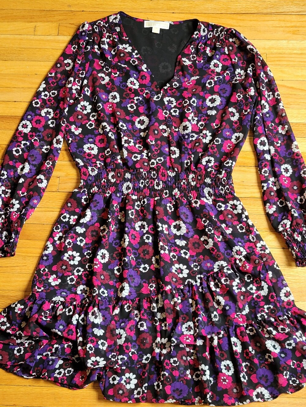 MICHAEL Michael Kors Floral Psych Garden Wrap-Style Dress Medium Black Pink